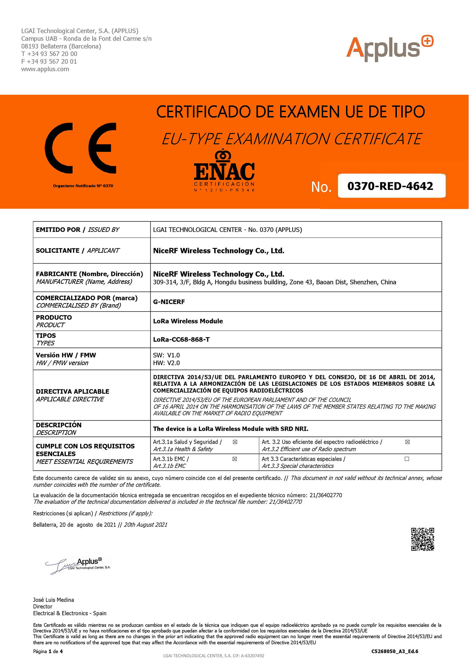 LoRa-CC68-868-TCXO CE认证证书